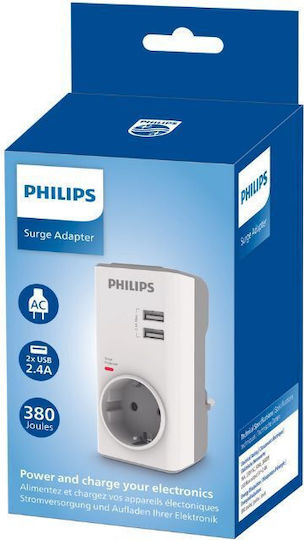 Philips CHP4010W/GRS Μονόπριζο Ασφαλείας 380J με 2 USB-A 4895229130159